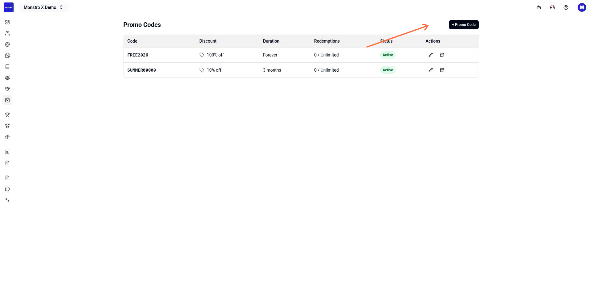 Promo Codes list page showing the + Promo Code button in the top left