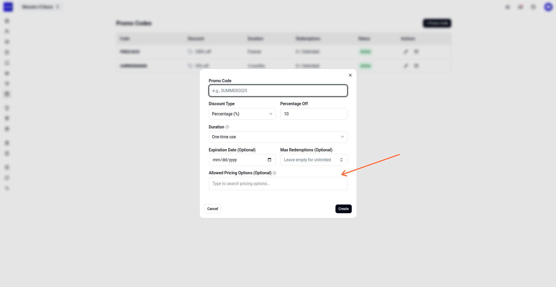 Create Promo Code dialog with fields for code, discount type, duration, expiration date, max redemptions, and allowed pricing options