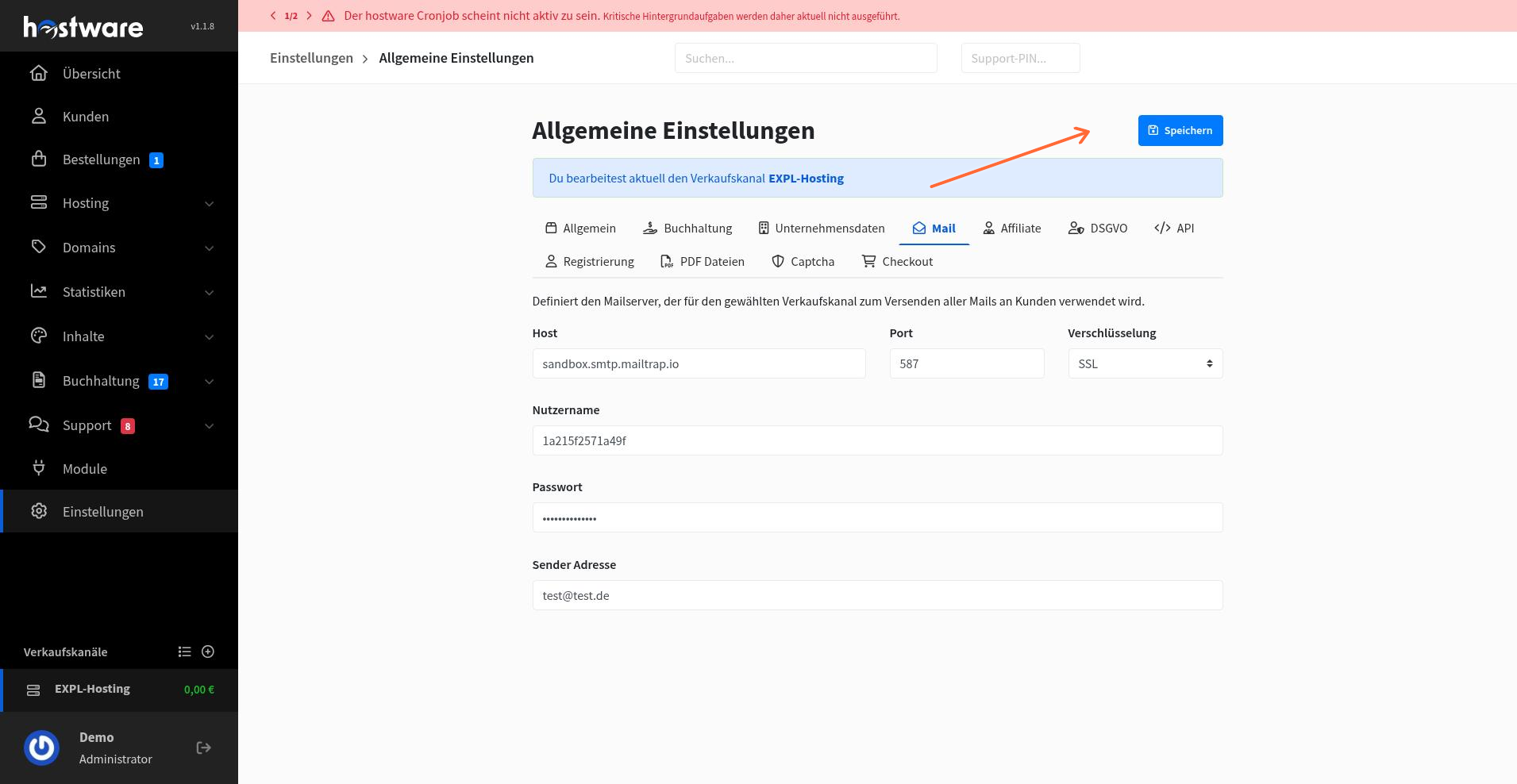 Speichern-Button unter den Mail-Einstellungen