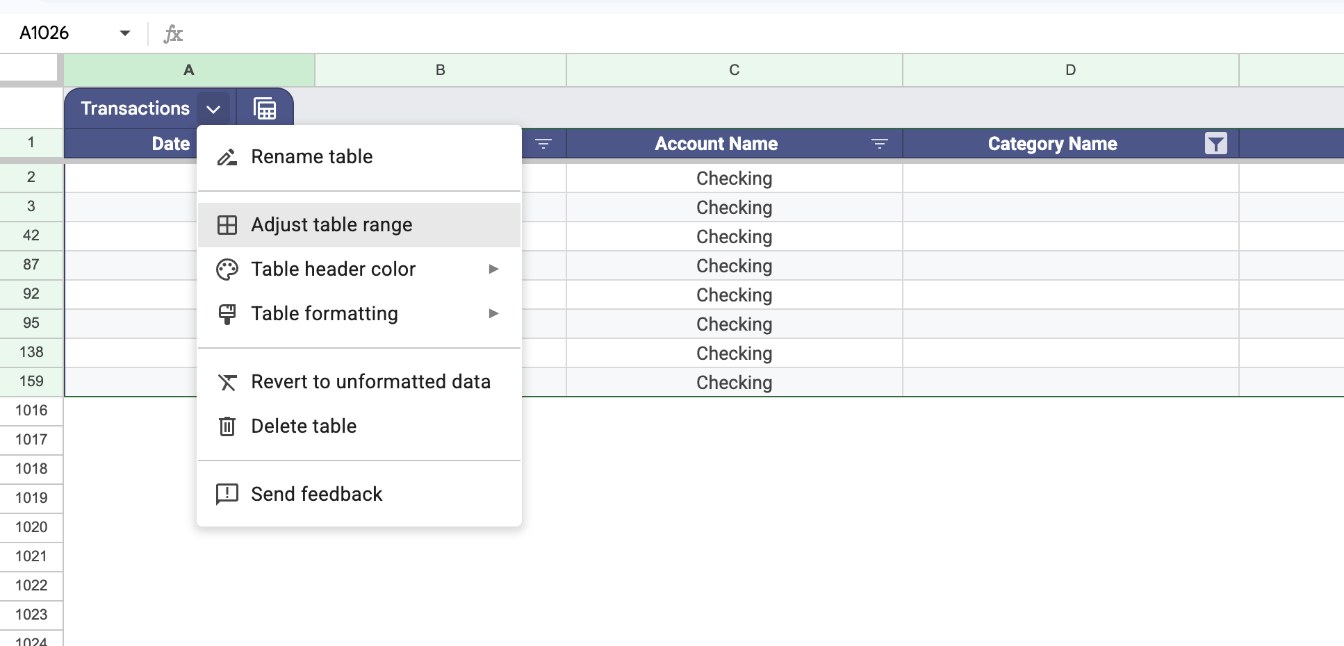 Opening the Transactions table menu via the hamburger icon