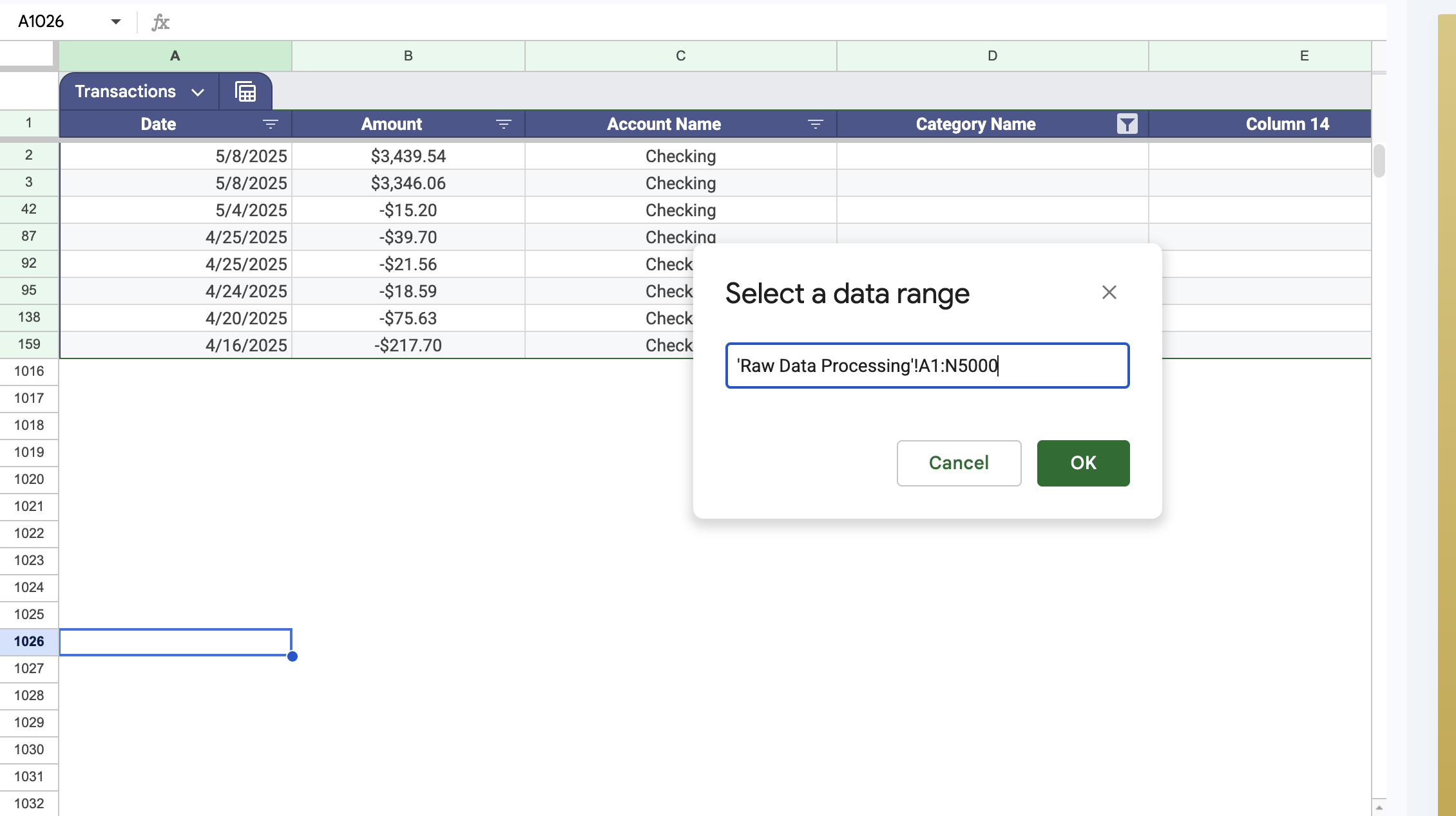 Clicking OK after updating the range in the Adjust table range modal