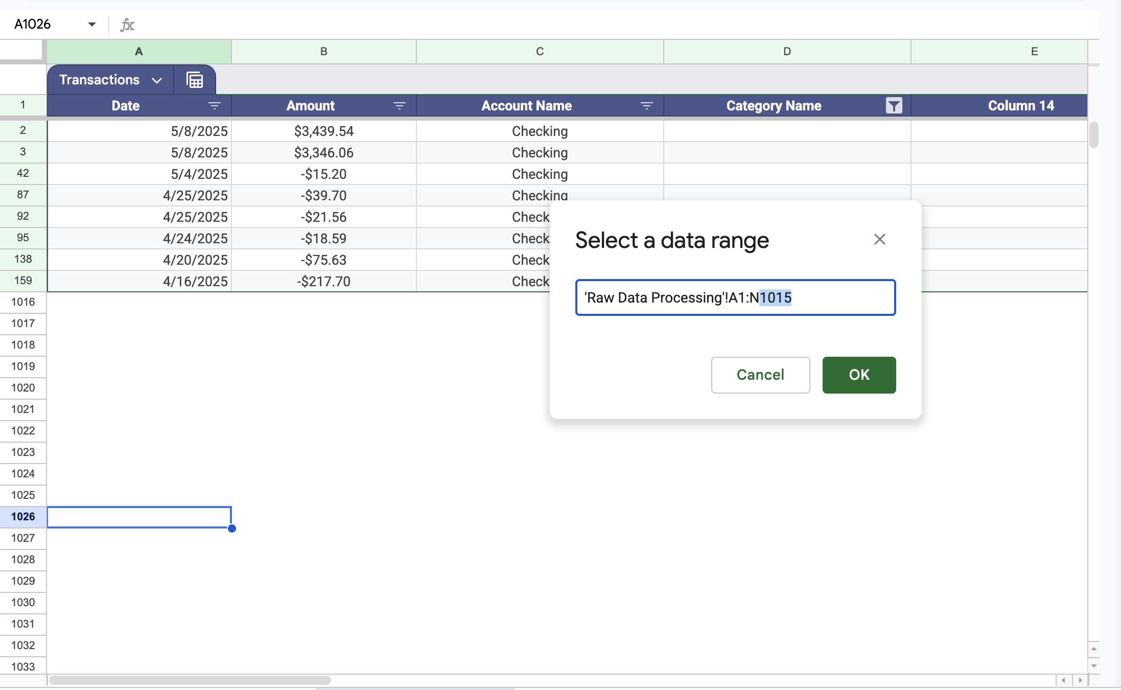 The Adjust table range modal showing the current range