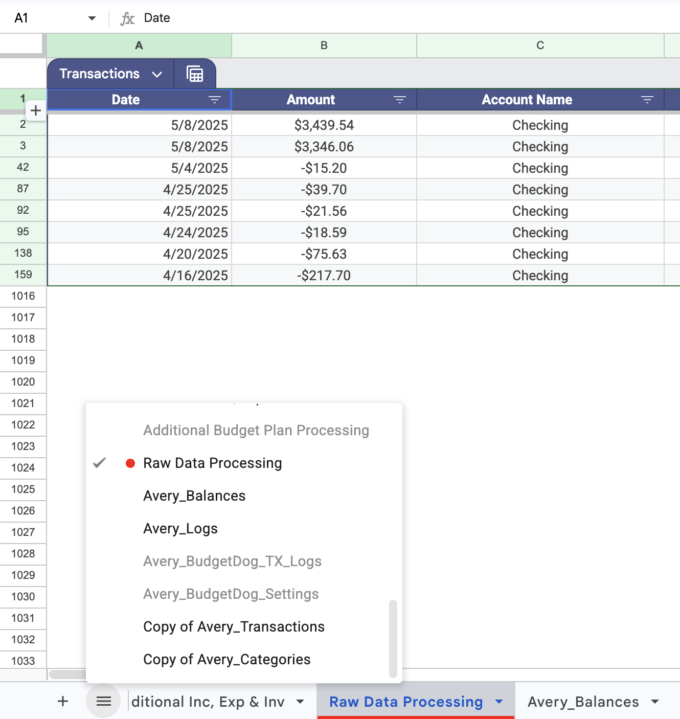 Selecting the Raw Data Processing tab from the sheet tab bar