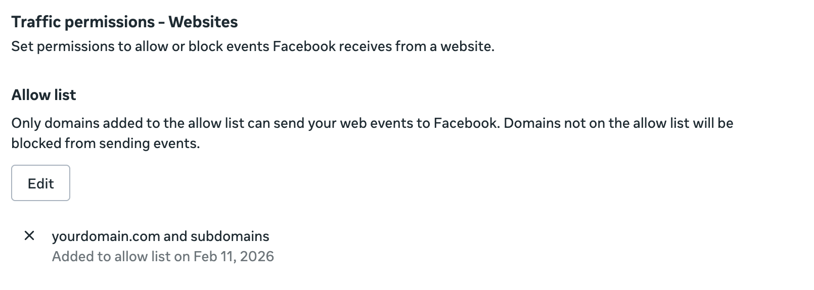 Meta Traffic permissions settings showing an allowed domain in the allow list with an Edit button