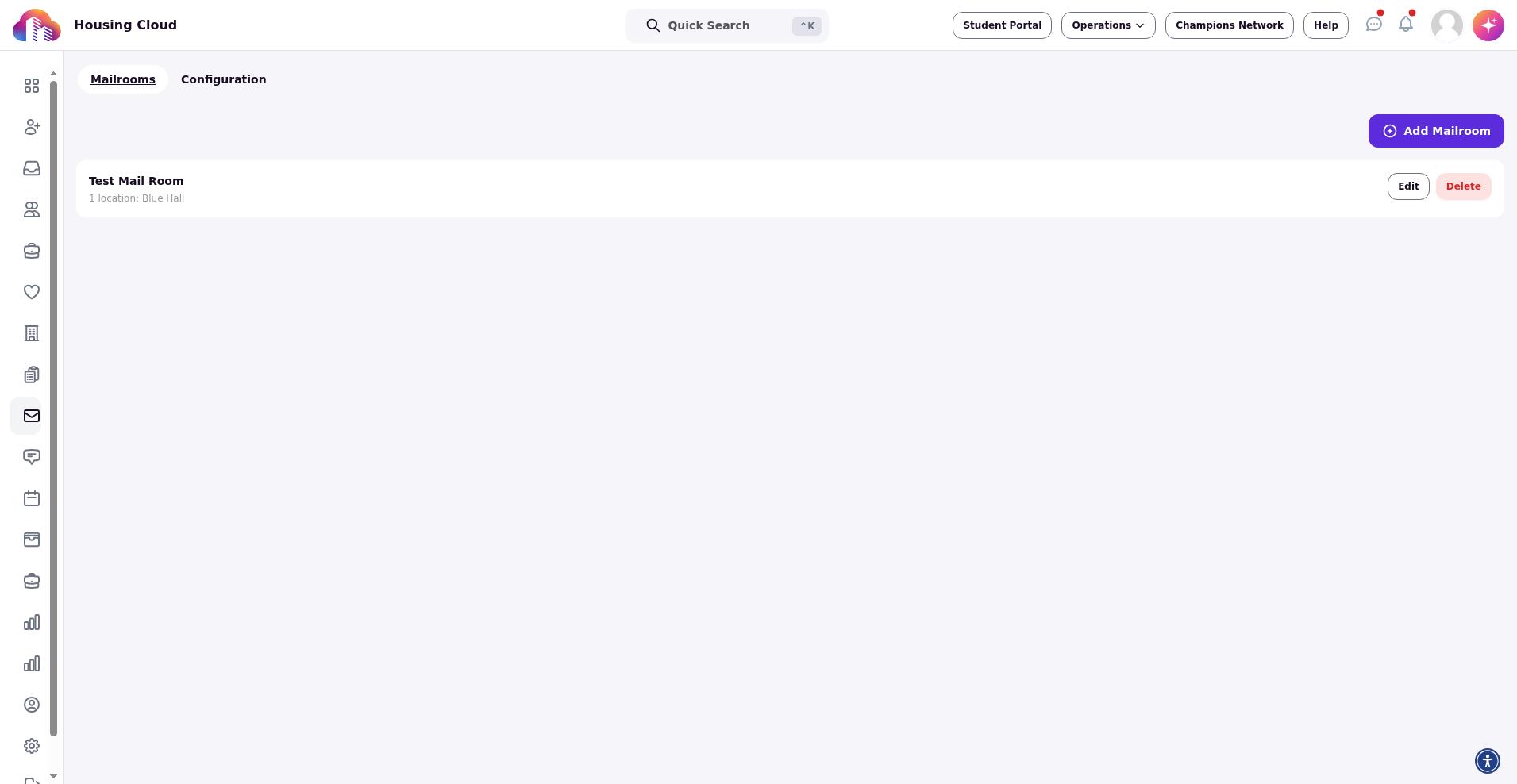 Operations Mailroom Scan page showing camera preview and Enter package manually option