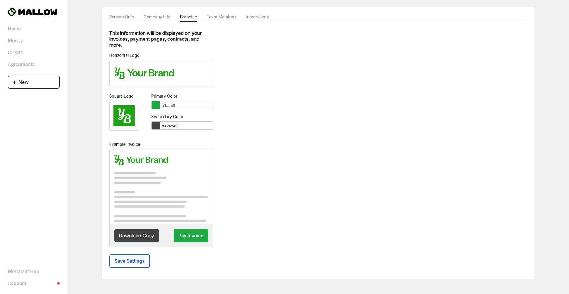 Branding settings page showing logo upload fields and Save Settings button