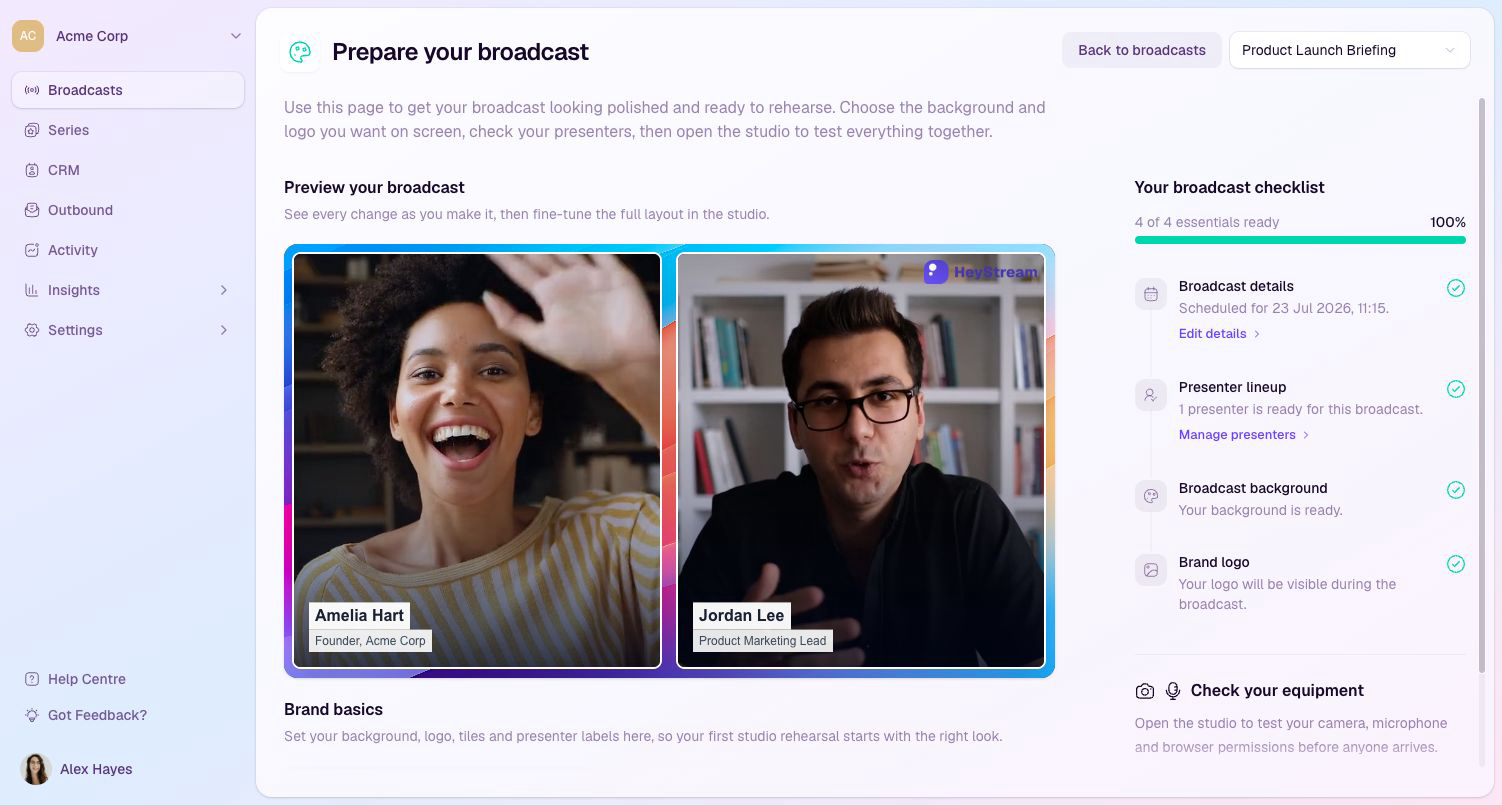 Prepare your broadcast page showing the broadcast preview and readiness checklist