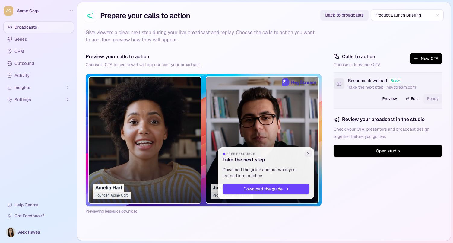 Prepare your calls to action page showing a CTA preview and the CTAs added to the broadcast