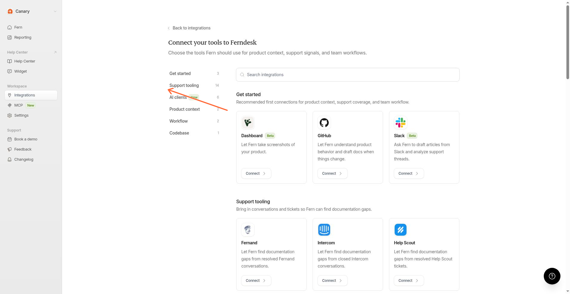 Integrations page with the AI clients category