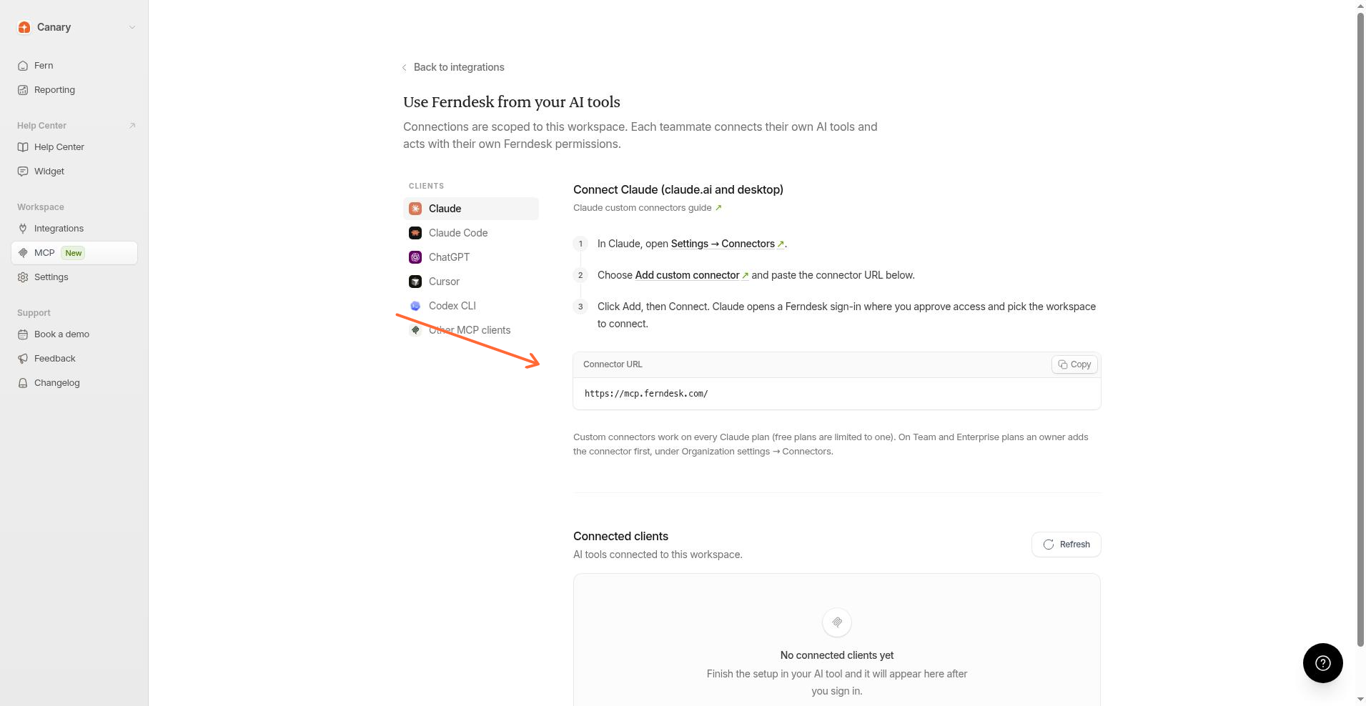 AI clients page with the Clients list and setup panel
