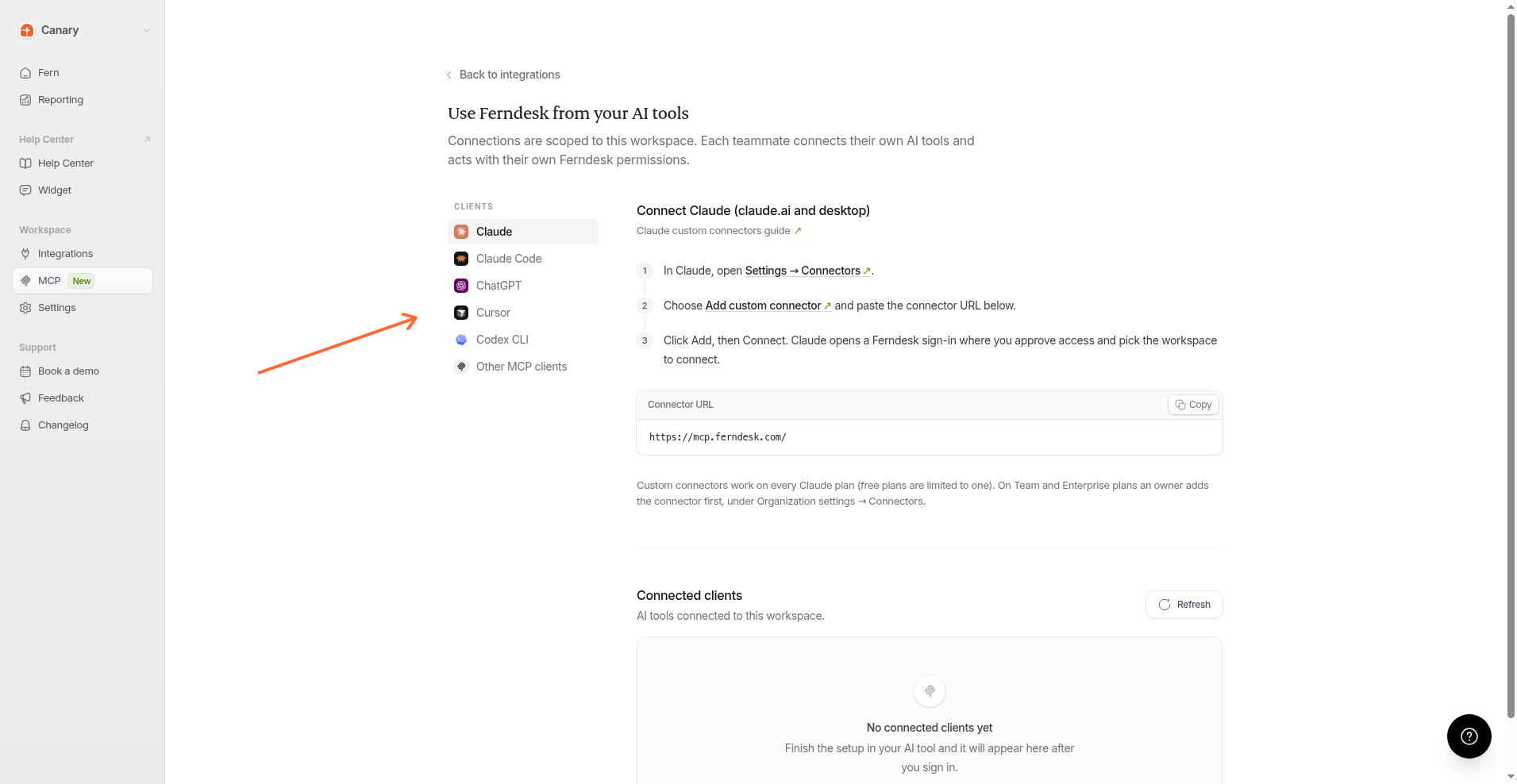 Panneau de configuration de Claude avec l’URL du connecteur et le bouton Copier