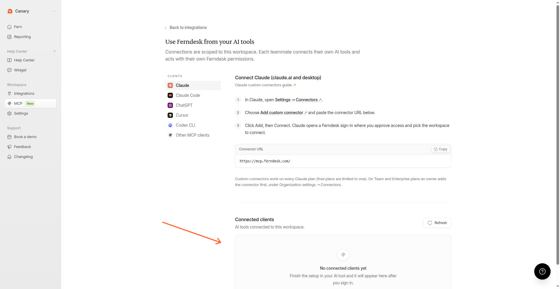 Section des clients connectés avec Refresh et état vide
