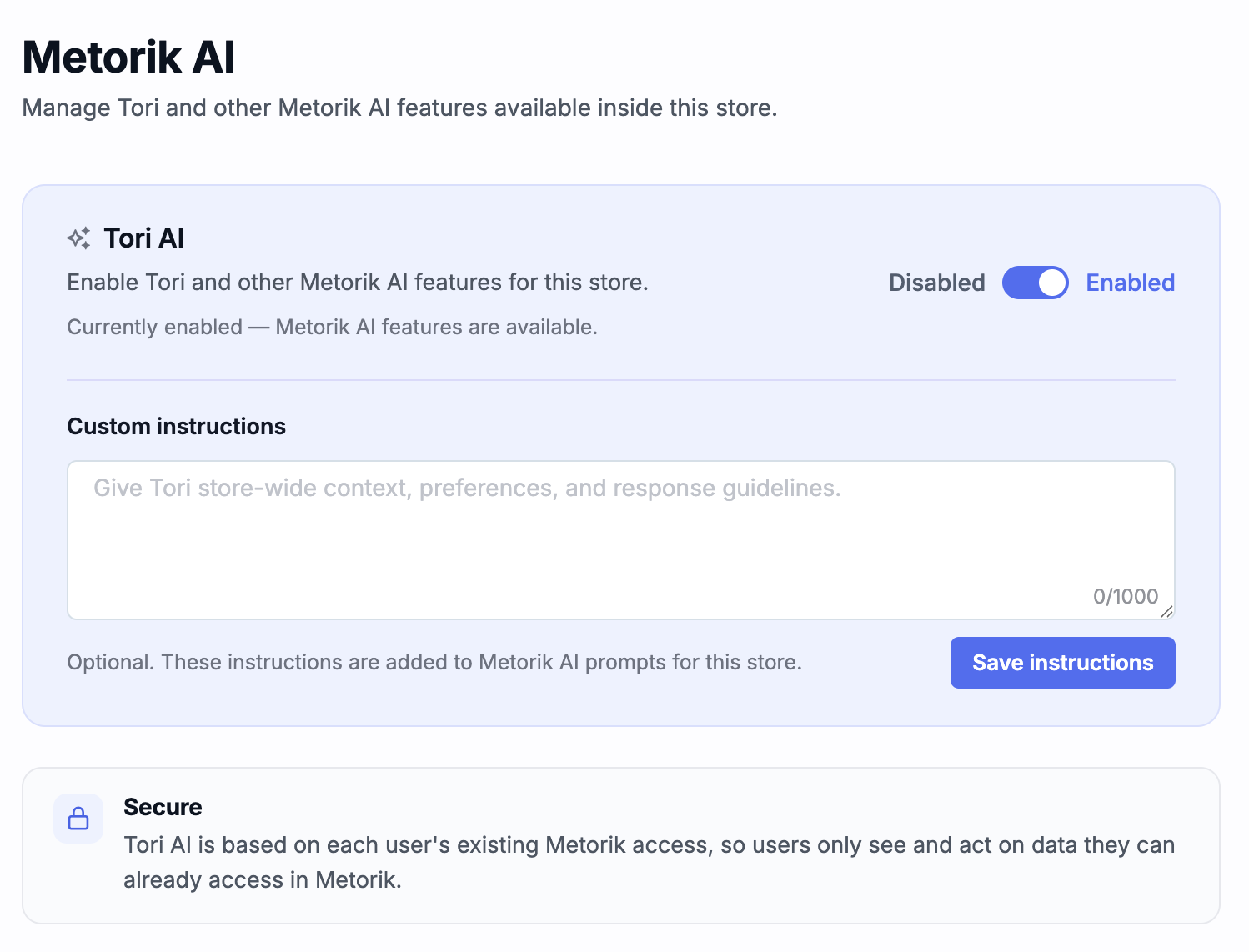 AI and MCP store settings with Tori AI switch and custom instructions