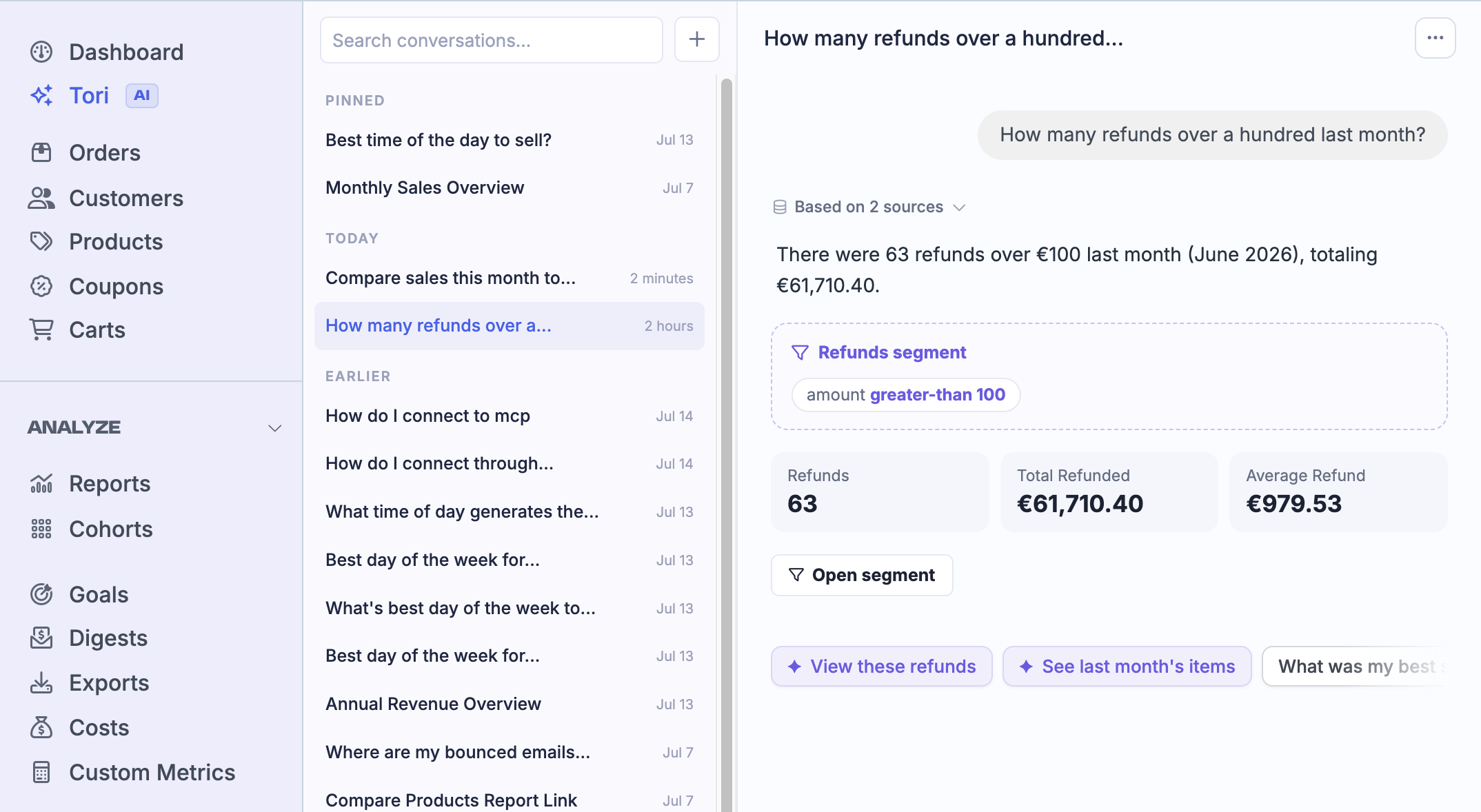 Tori full-page workspace with conversation sidebar