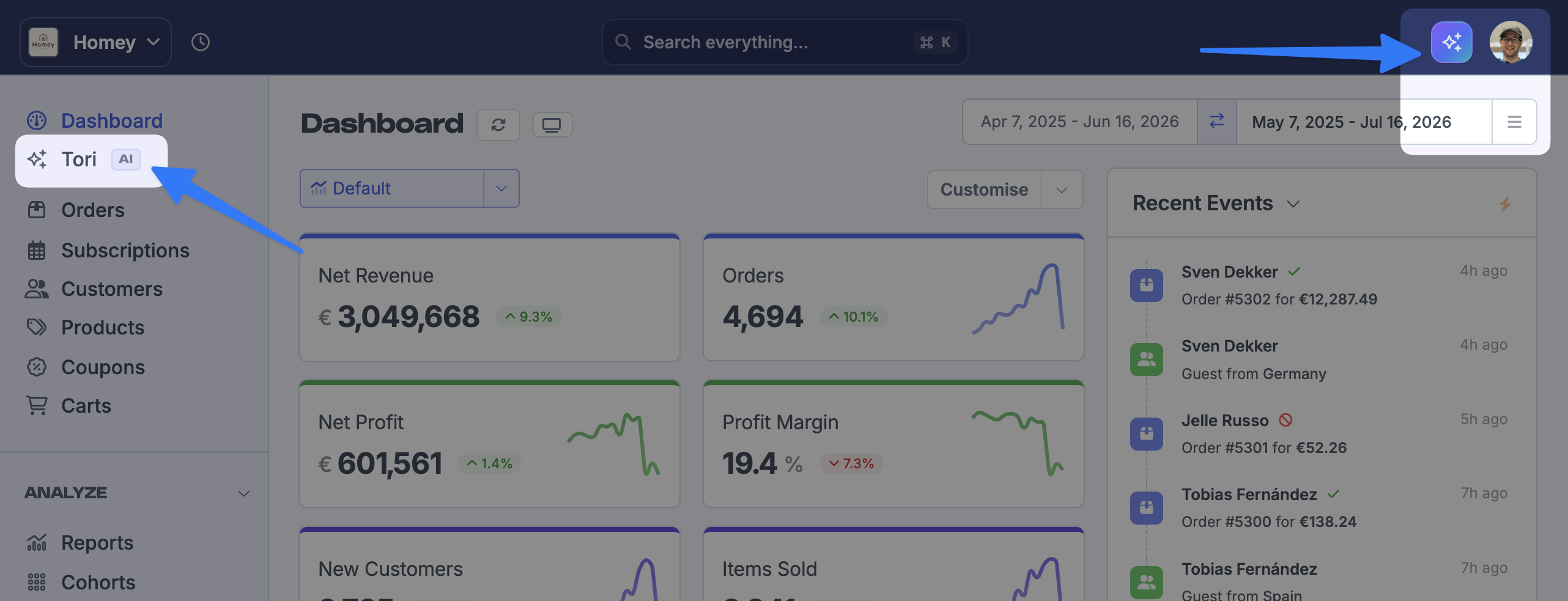 Tori in the Metorik sidebar and top navigation