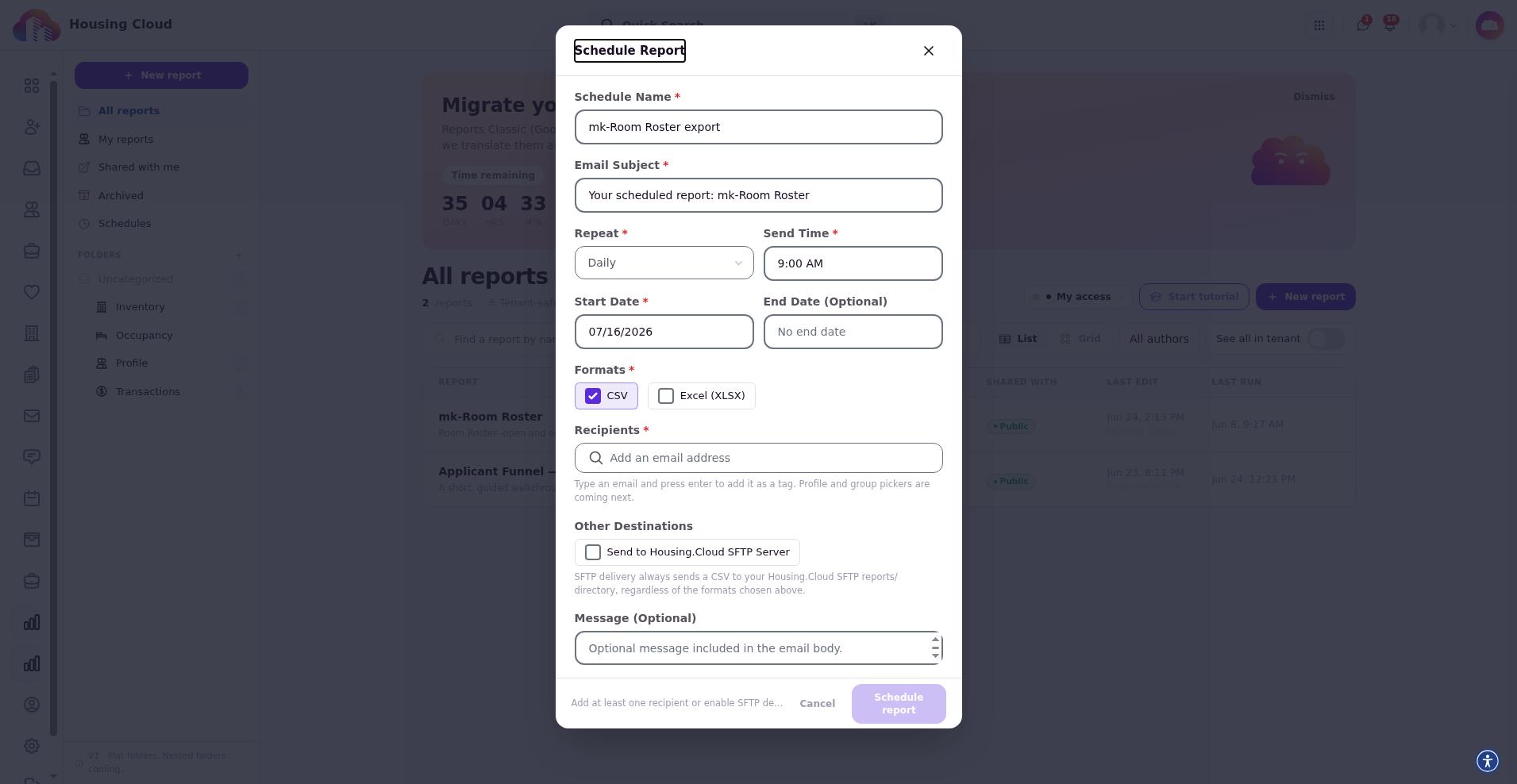 Schedule report dialog showing Recipients and Send to Housing.Cloud SFTP Server