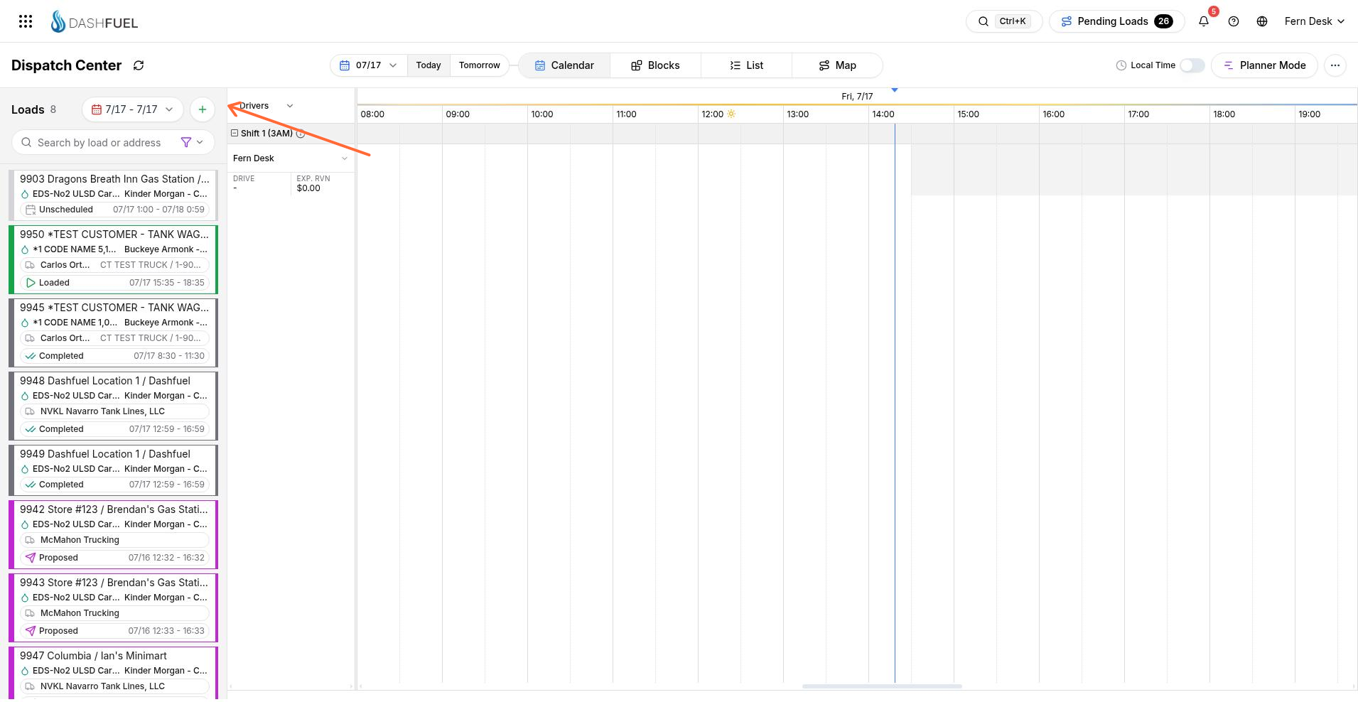 Dispatch Center calendar with Create load highlighted