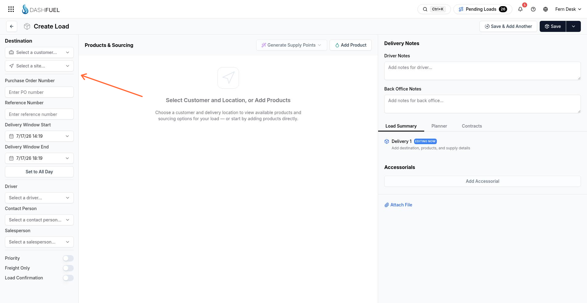 Create load form with Customer and Site fields highlighted