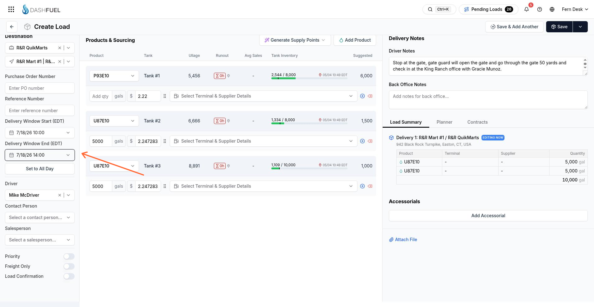 Create load form with Driver and delivery window filled