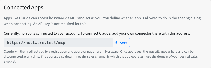 Connected Apps-Seite mit der Hostware-MCP-URL und einer Kopierfunktion