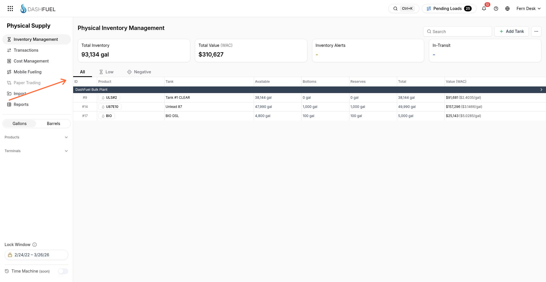 Physical Inventory Management page with summary cards, All Low Negative tabs, and tank table