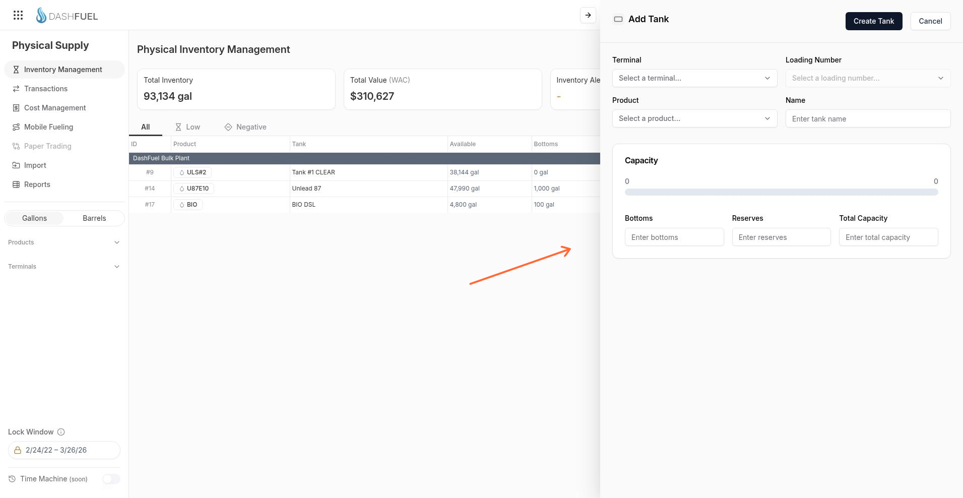 Add Tank drawer with Terminal, Loading Number, Product, Name, and Capacity fields