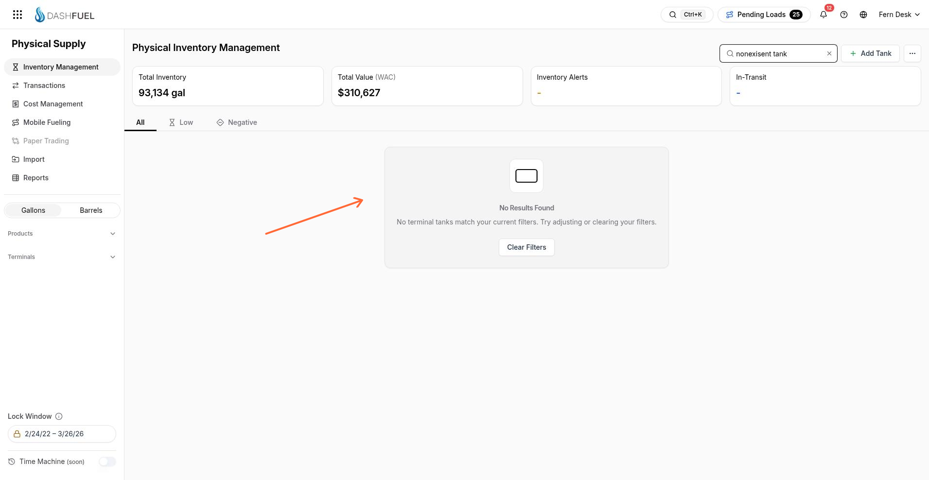 No Results Found empty state with Clear Filters on Inventory Management