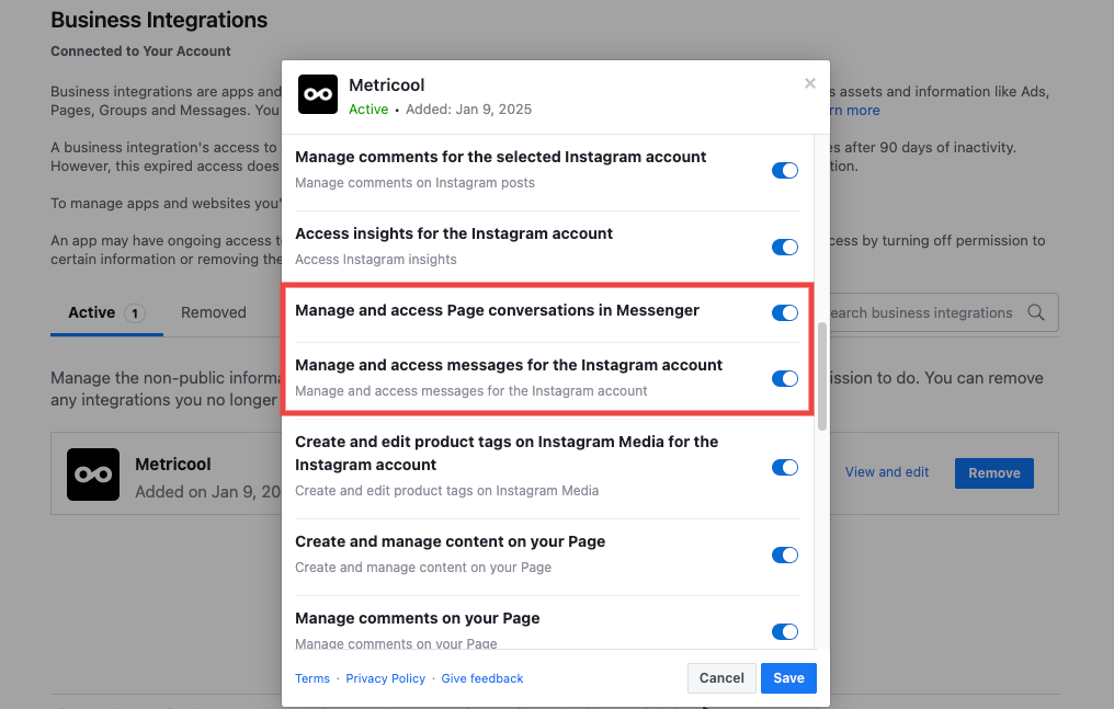 Rechten voor Metricool Business Integrations op Facebook, met schakelaars voor privéberichten die apart van reacties en inzichten worden vermeld