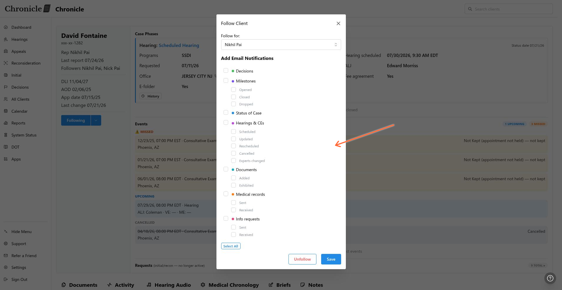 Follow Client modal with Add Email Notifications