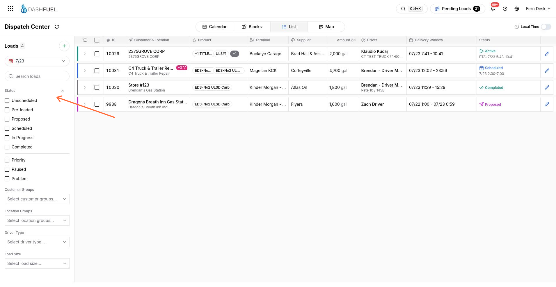 Load List in Dispatch Center showing status filters and Create load