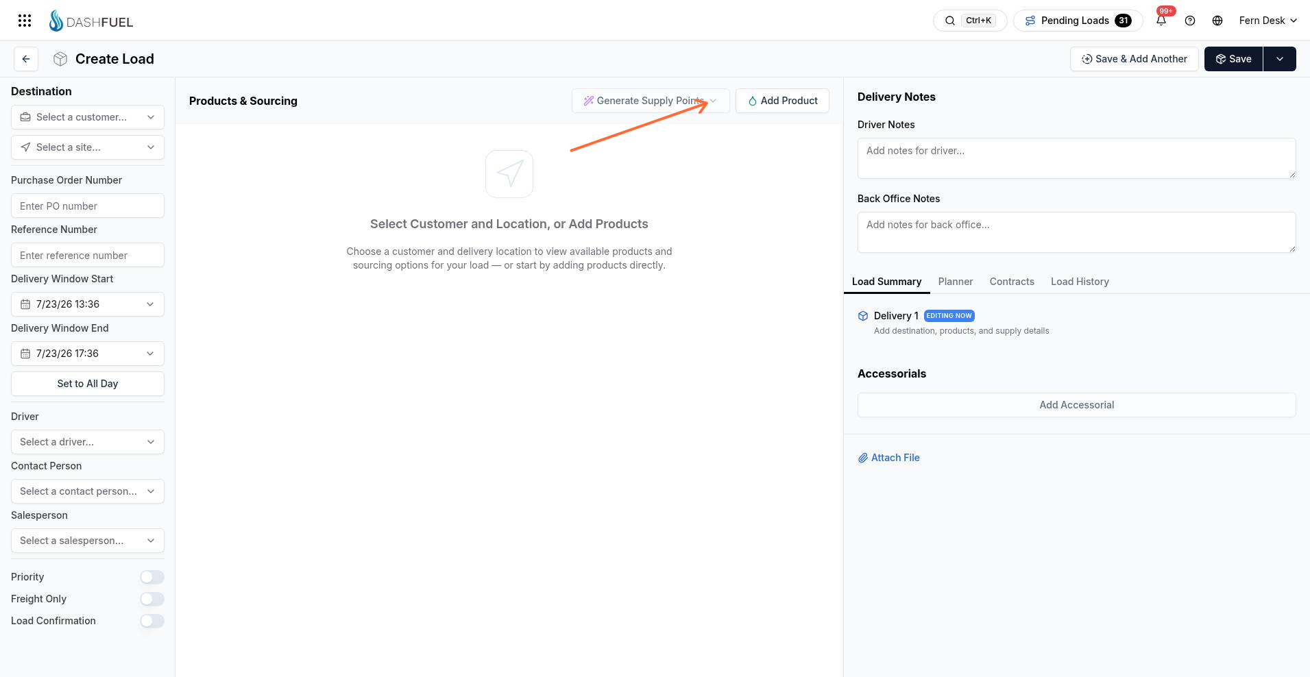 Create Load form with Destination, Products and Sourcing, and Save actions