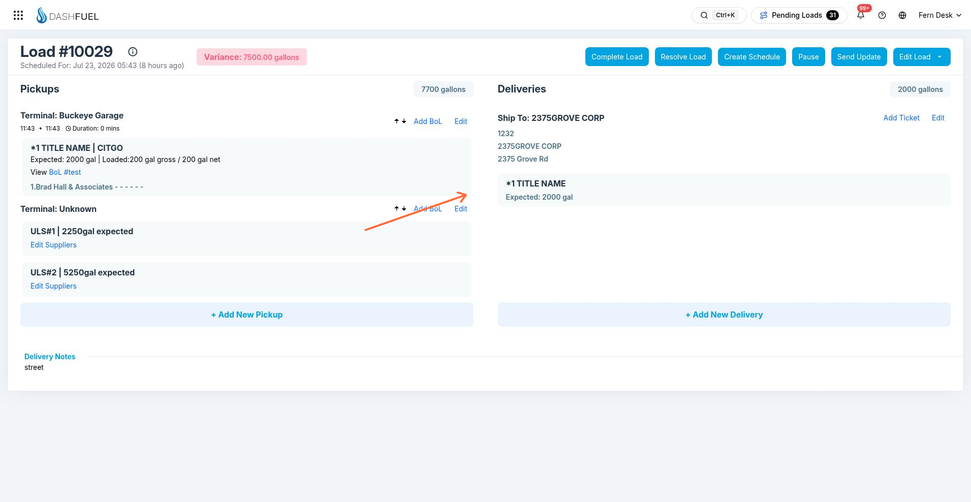 Load detail page with Edit Load, Pause, Pickups, and Deliveries