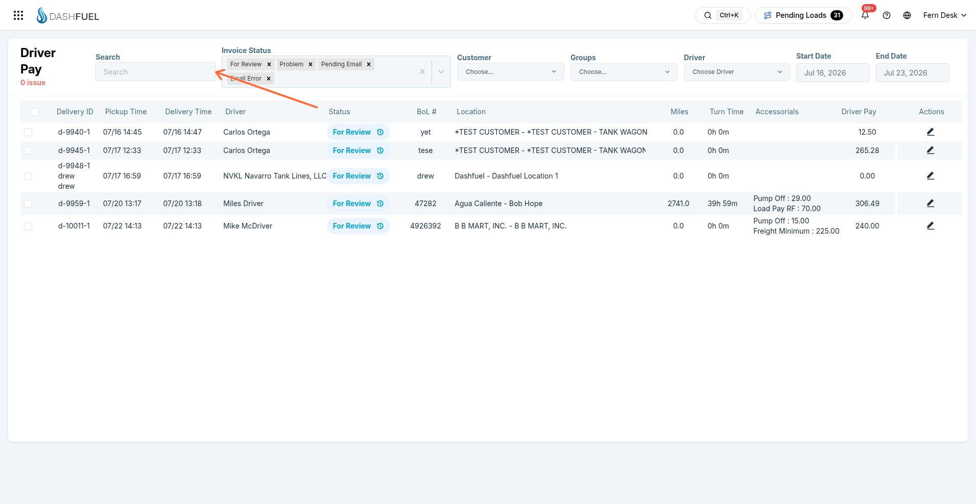 Classic Driver Pay page with filters and delivery pay list