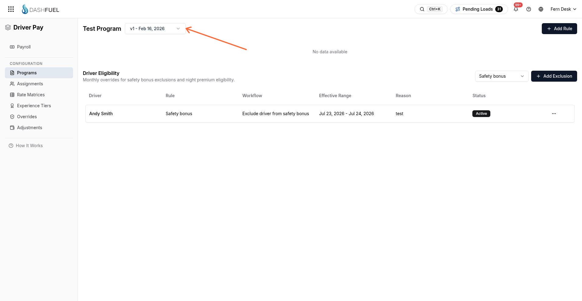 Pay program detail with policy version and Driver Eligibility