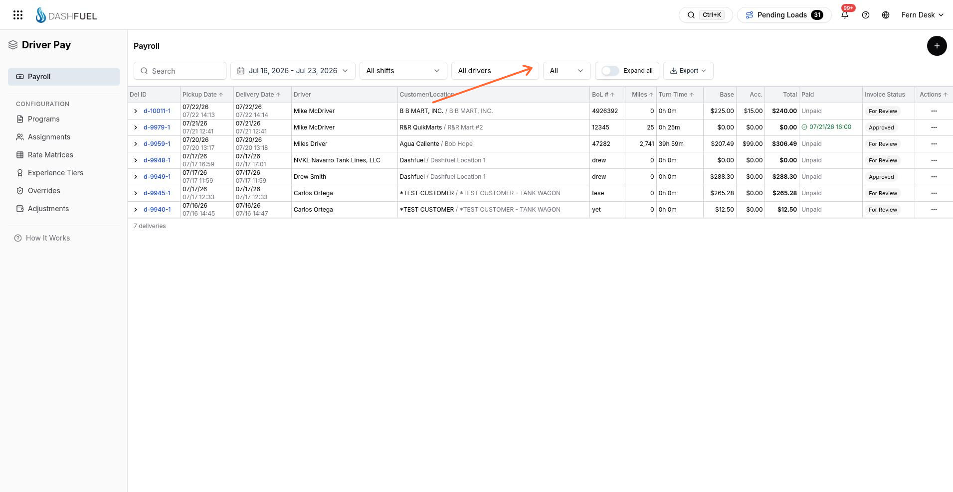 Payroll queue with date range, paid status, Add adjustment, Expand all, and Export