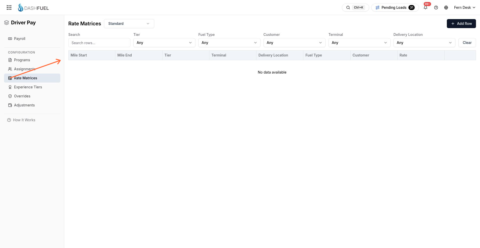Rate Matrices page with Mile Start, Mile End, Tier, and Rate columns