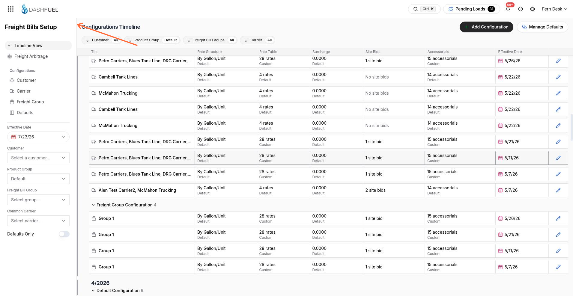 Freight Bills Setup Timeline View of configurations by month