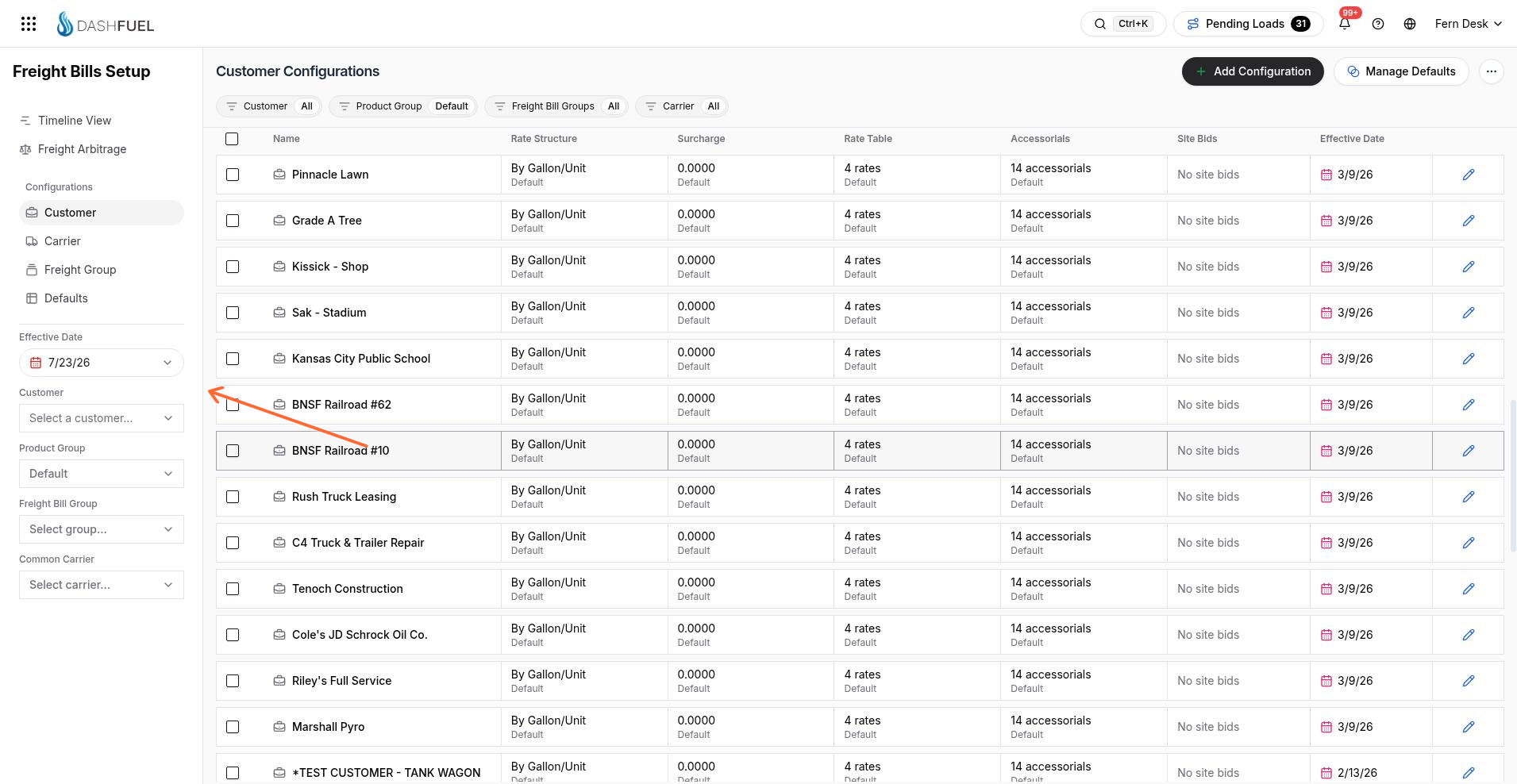 Customer configurations list with filters and Add Configuration