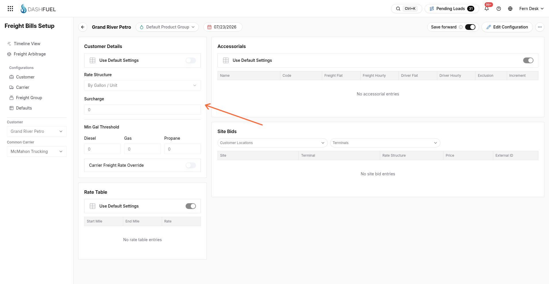 Customer configuration editor with Customer Details, Rate Table, Accessorials, and Site Bids