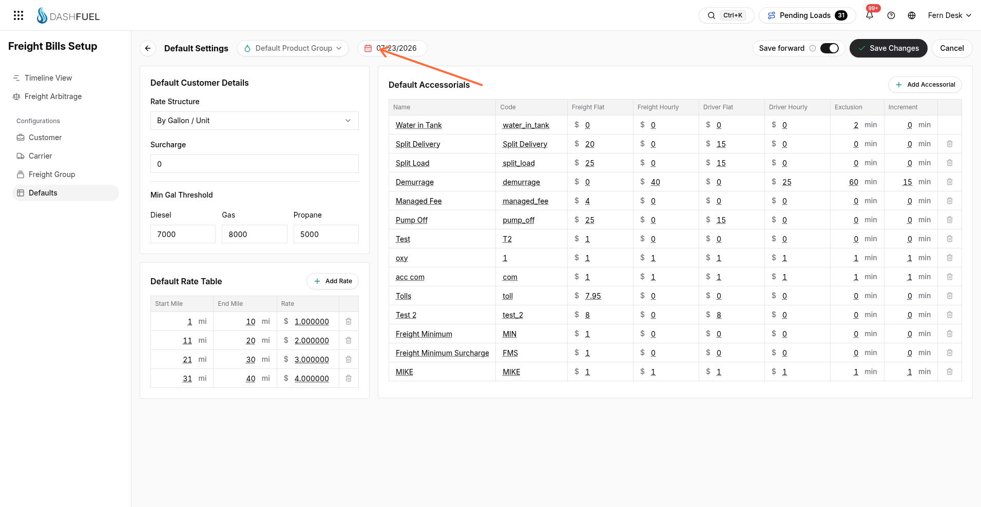 Freight Bills Setup default settings for customer details, rate table, and accessorials