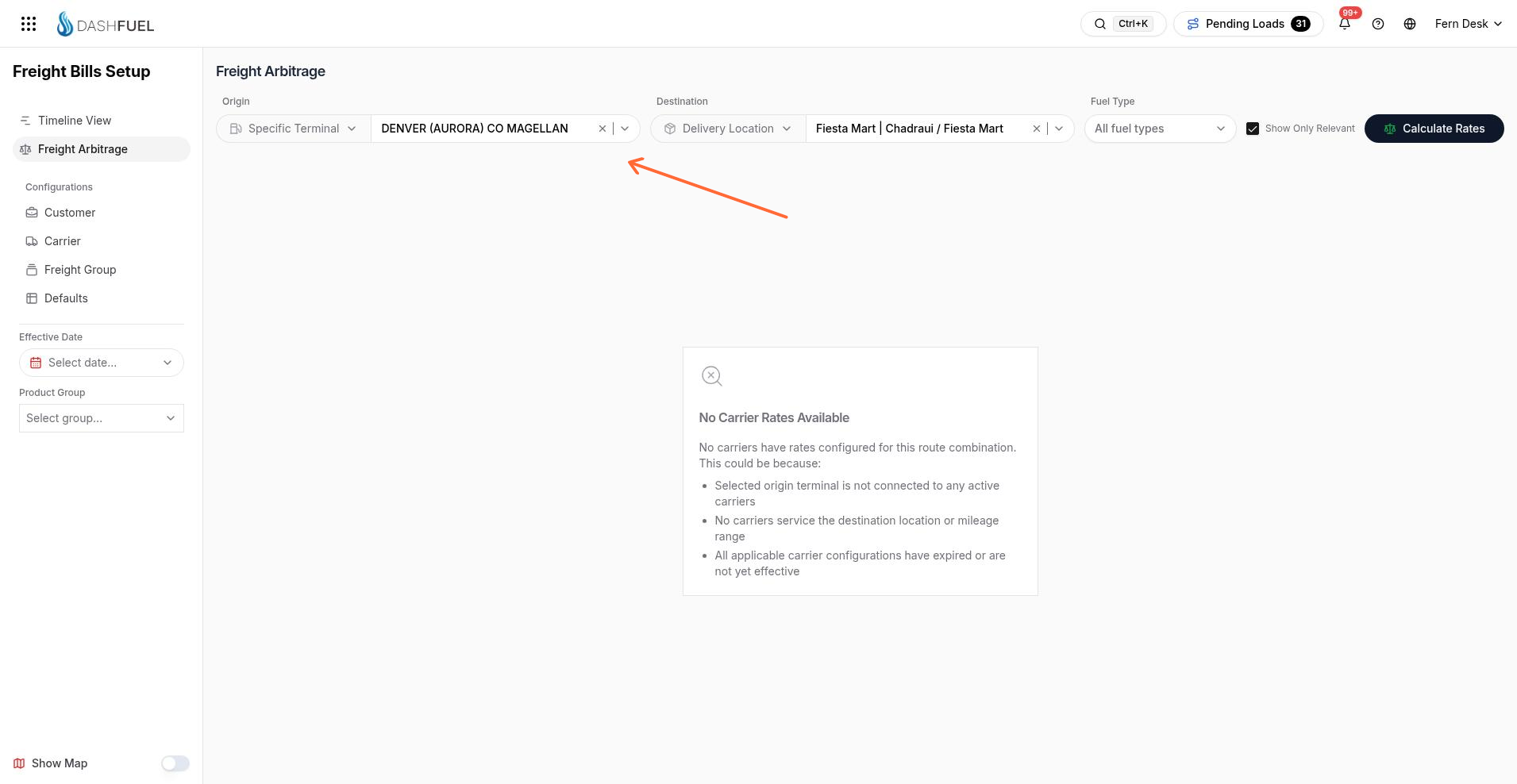 Freight Arbitrage calculator with Origin, Destination, and Calculate Rates
