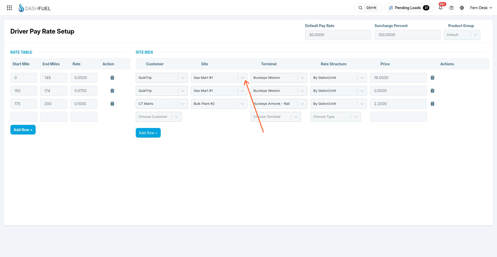 Driver Pay Rate Setup with Default Pay Rate, Surcharge Percent, Rate Table, and Site Bids
