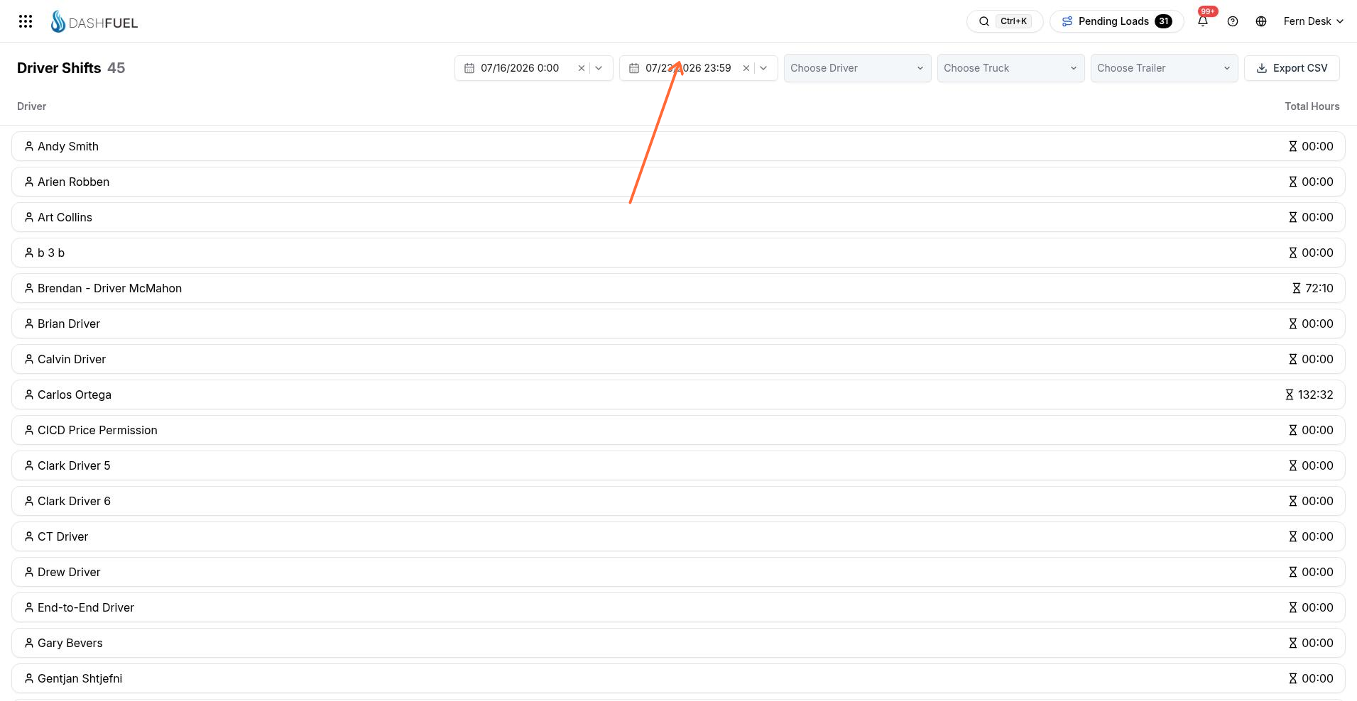 Driver Hours report with filters, Export CSV, and driver total hours
