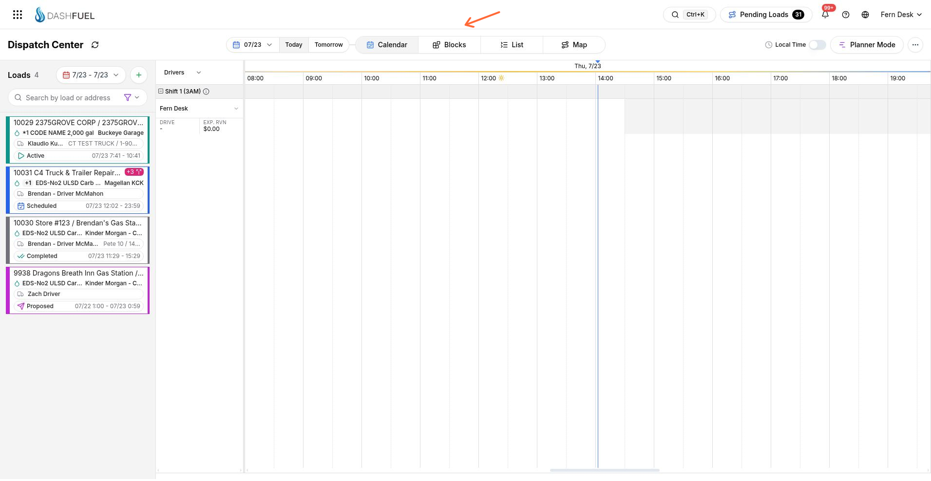 Dispatch Center calendar with driver timeline and load queue