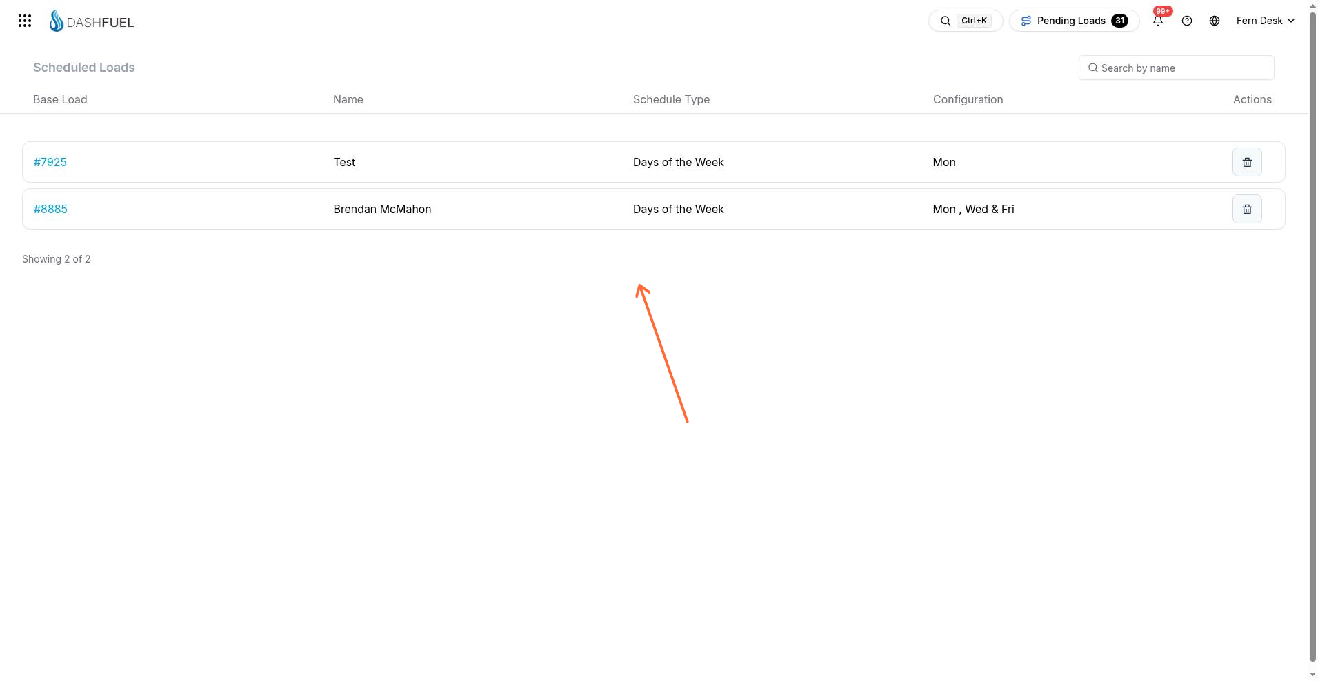 Scheduled Loads page listing recurring schedules