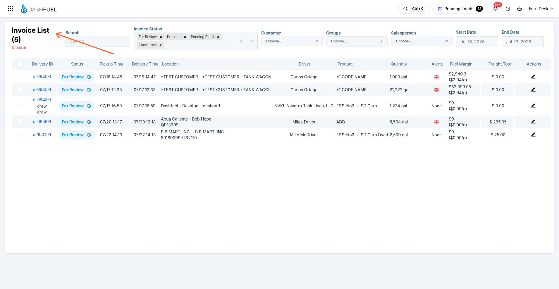 Invoice List daily billing queue with filters and rows