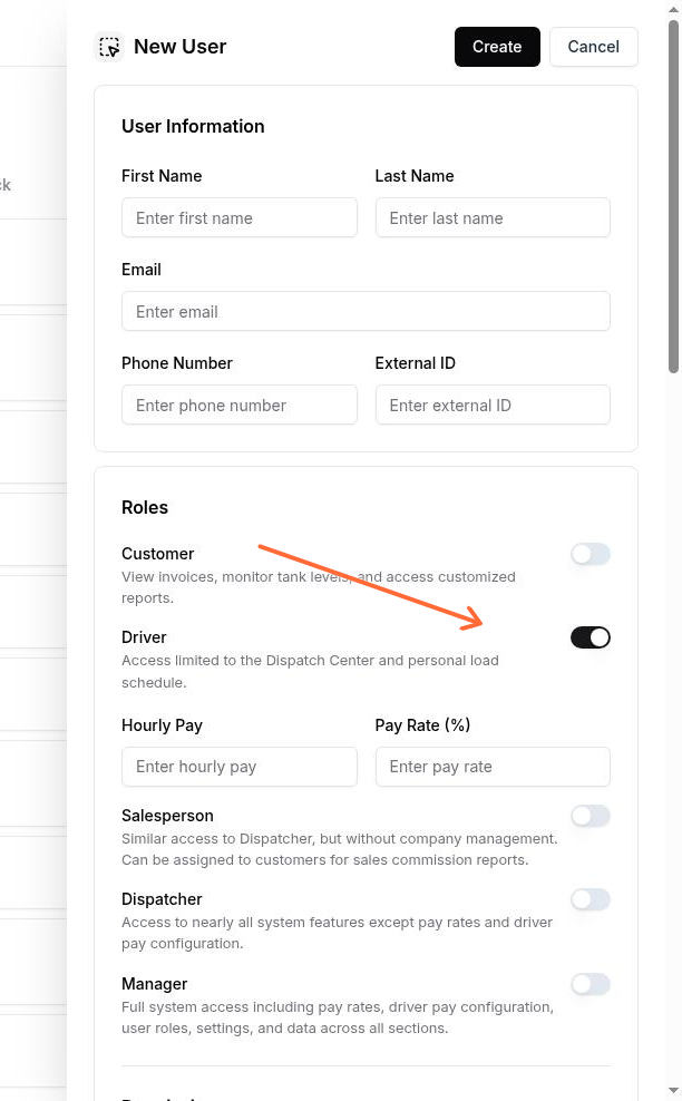 New User form with Driver role turned on