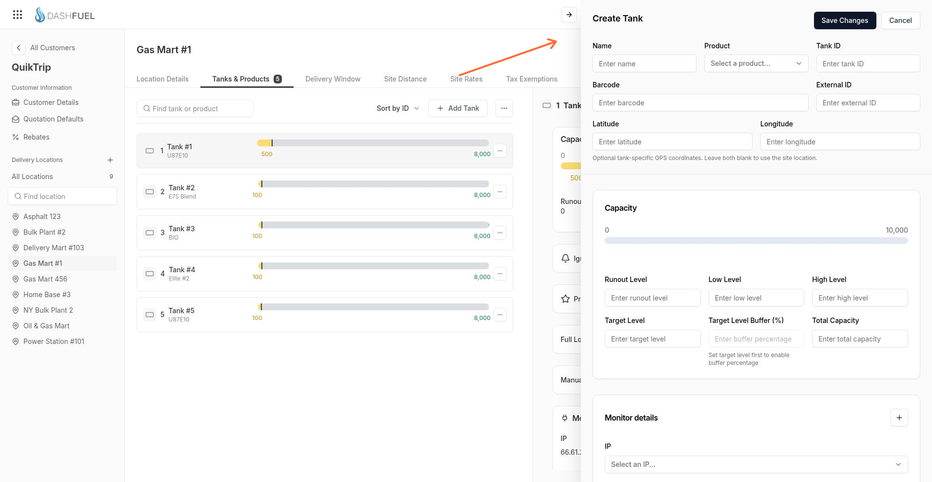 Create Tank form with Name, Product, Save Changes, and Cancel