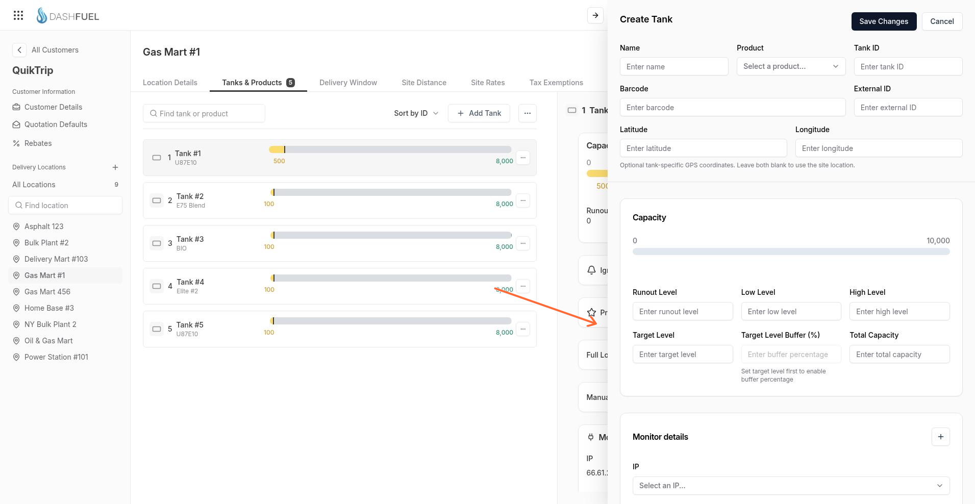 Capacity fields on Create Tank: Runout, Low, High, Target, Buffer, and Total Capacity