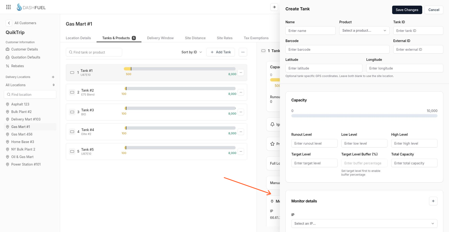 Monitor details on the tank form with Create monitor and IP picker